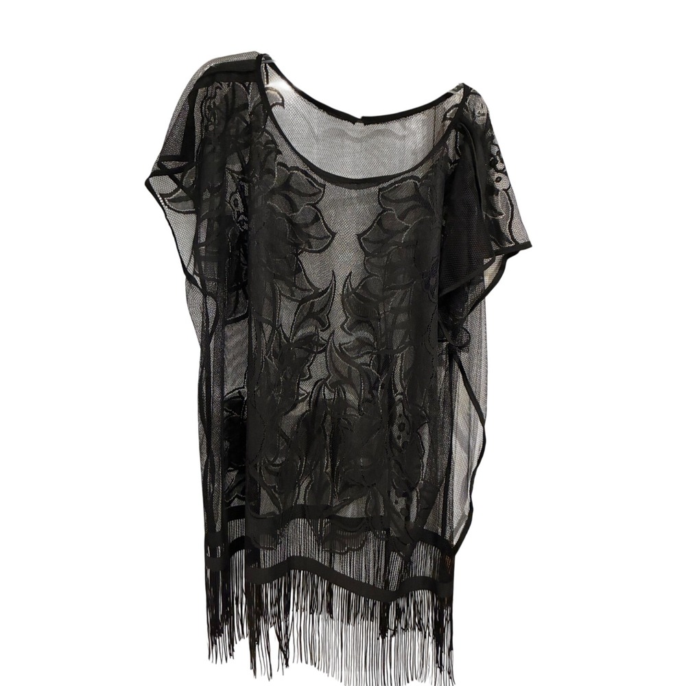Marbella & Ashford Black Sheer Mesh Floral Lace Fringe Beach Cover Up OSFM